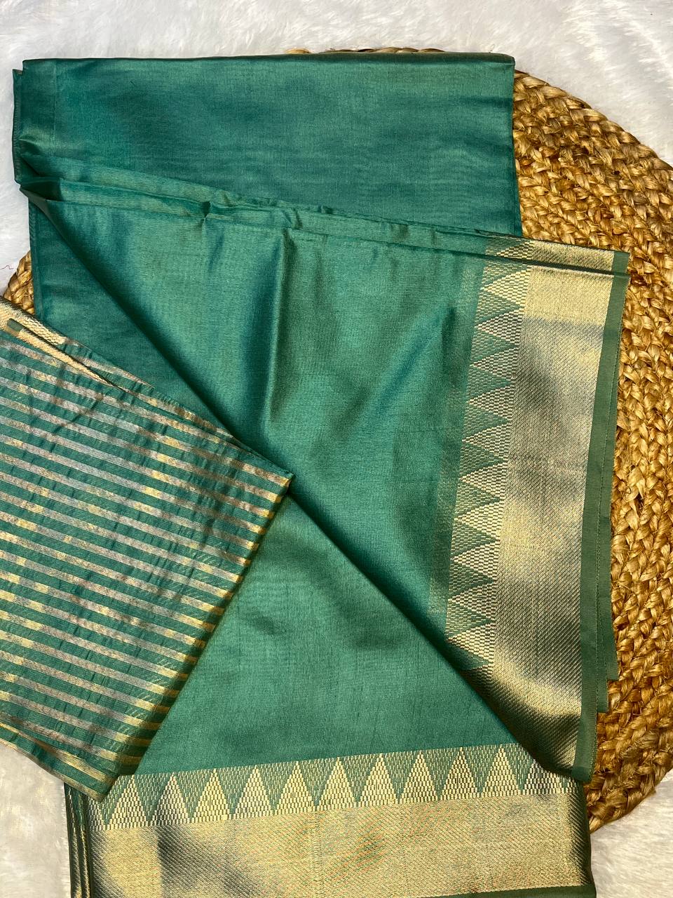 Sage Green Cotton Silk Saree with Golden Border