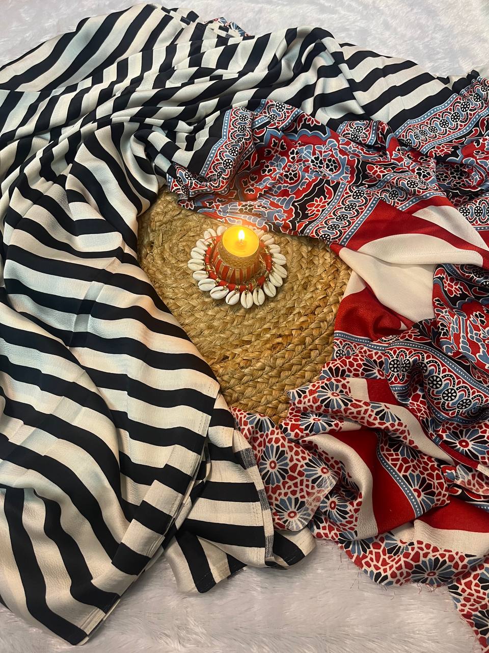 Black & Cream Striped Satin Silk Saree with Printed Pallu