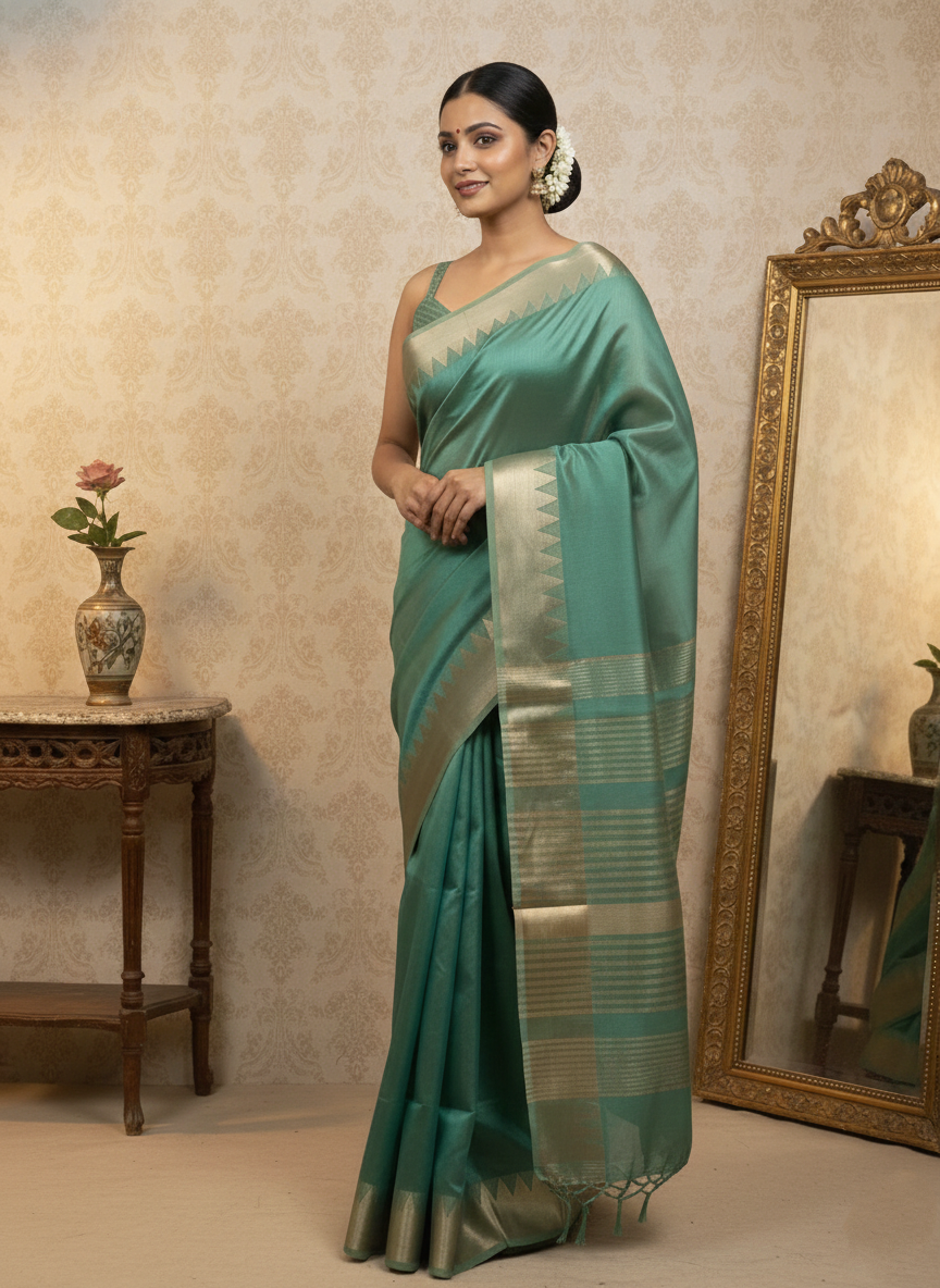 Sage Green Cotton Silk Saree with Golden Border