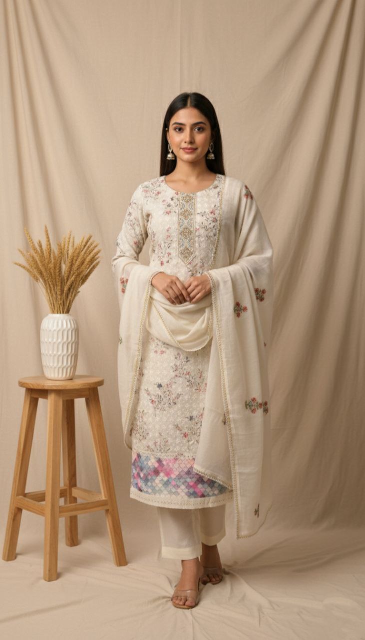 Printed cream kurta with embroidered neckline